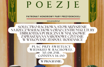 Plakat na którym jest napisane - Sołectwo Rachowa zaprasza na narodowe czytanie poezji Jana Kochanowskiego 